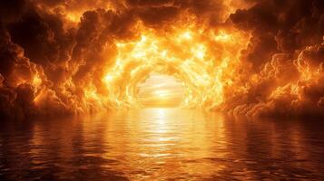 stunning bridge of golden arches spans across two realms showcasing swirling images of paradisiacal landscapes and celestial kingdoms made of divine fire remains cool photo