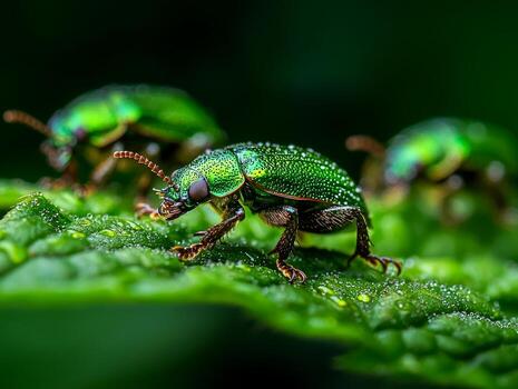 vibrant emerald green beetle explores surface of green leaf its glimmering shell reflecting sunlight. background features soft blur of garden foliage photo