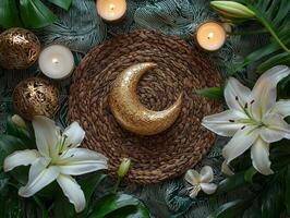 Decorative centerpiece for Eid featuring golden crescent moon surrounded candles and fresh white lilies on textured green background. Perfect for celebrating unity and tradition photo