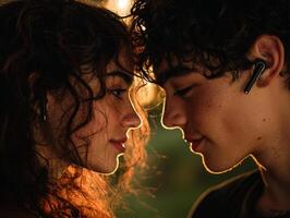 Close up of teenage couple enjoying moment in park as they share earbuds lost in their own world while listening music surrounded soft blurred green backdrop photo
