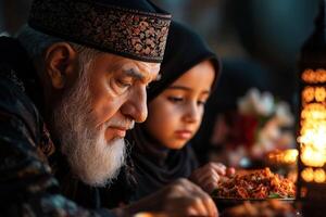 family works together in their living room setting up for Ramadan placing lanterns on shelves arranging flowers and hanging calligraphy art for festive atmosphere photo