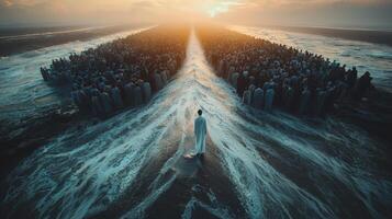 From above Y shaped road shows large crowd in dark colors moving together while lone figure in white stands apart emphasizing stark contrast photo