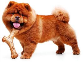 Chow Chow is seen chewing contentedly on bone highlighting its thick fluffy coat and cheerful personality. side view captures dog's playful nature and warmth photo