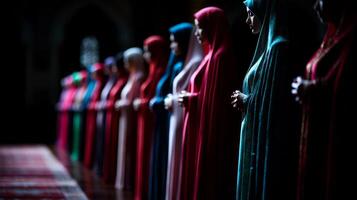group of women wearing hijabs engages in prayer inside mosque during Eid al Fitr celebration soft lighting enhancing atmosphere of devotion and unity photo