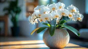 spacious minimalist kitchen features striking arrangement of blooming white orchids center complemented cascading green ivy. Sunlight floods area creating warm ambiance photo