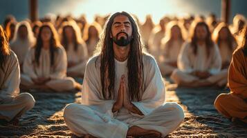 Members in simple white garments gather in peaceful mountainous commune for prayer and meditation embodying unity and spirituality amidst sense of secrecy photo