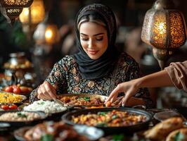 vibrant Eid feast table brimming rice dishes lamb and fresh fruits showcases celebration of unity as hands reach out serve food. Lanterns add festive touch photo
