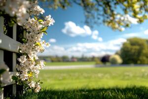 Crisp white pear blossoms bright yellow stamens are sharply focused in foreground framed vibrant green meadow fades beautifully in background photo