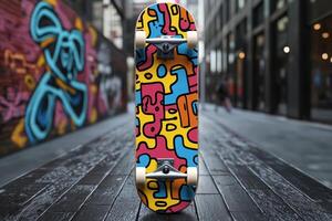 skateboard deck vibrant abstract graphics is leaning against brick wall covered in graffiti art. setting is urban street showcasing creativity and style in urban culture photo