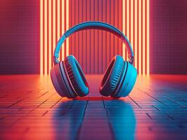 Close up view of headphones showcasing customizable logos on earcups set on reflective metallic surface vibrant neon lighting enhances their design photo
