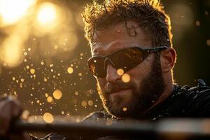 Over shoulder view captures rower leg prosthetic navigating serene lake waters during sunrise soft lighting illuminating scene and splashes from paddle photo