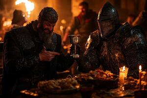 robot in tuxedo and knight in armor laugh together while clinking silver chalice amid lavish feast warm torchlight illuminating scene photo