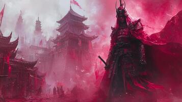 ghostly samurai clad in ethereal armor stands amidst fog on haunted battlefield. Broken weapons litter ground hinting past conflicts and lost warriors photo