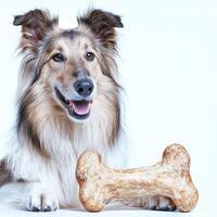 happy Collie is captured in side view chewing on bone enthusiasm against pristine white background exuding joy and contentment photo