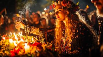Pagans join in serene atmosphere surrounding earth altar adorned spring symbols like eggs and flowers. Candles flicker as incense smoke rises into fresh morning air photo