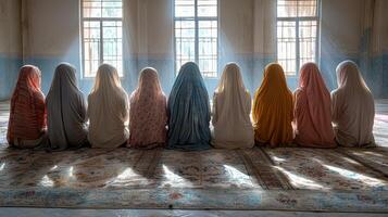 Family members gather in their home seated on soft pastel colored rugs offering prayers as sunlight filters through windows creating serene and united atmosphere photo