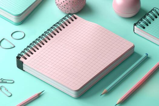collection of blank notebooks stacked elegantly on soft pastel mint background accompanied pencils erasers and paperclips creating serene workspace atmosphere photo