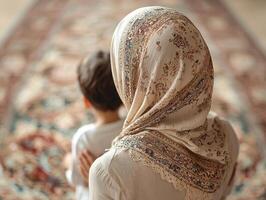 Muslim woman in hijab guides her children in prayer home creating serene atmosphere enhanced soft lighting and intricate rug patterns celebrating family traditions photo