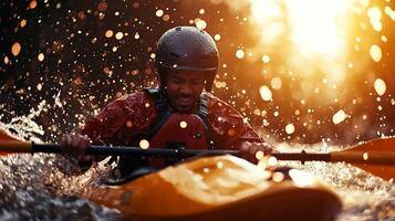 African American kayaker expertly navigates through challenging whitewater rapids showcasing determination and skill. Sunlight sparkles off water adding vibrant energy adventure photo