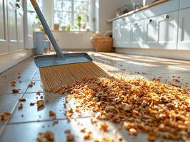 Broom and dustpan are in use sweep up crumbs from tiled kitchen floor. Sunlight streams in through windows highlighting cleanliness and order in kitchen space photo