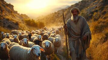 rural shepherd in traditional woolen attire guides large flock of sheep through misty meadow. dawn light casts golden glow over rolling hills creating serene atmosphere photo