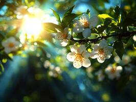 Beautiful orange blossoms display their white petals against deep green foliage bright sunlight. soft glow highlights delicate features of flowers creating serene atmosphere photo