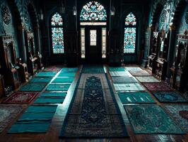 row of intricate prayer mats is laid out in mosque each featuring open Mushaf for recitation surrounded ornate Islamic designs and vibrant stained glass windows photo