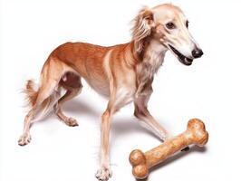 Borzoi is actively chewing on bone while standing on pristine white background. dog's expression is focused and content as it engages toy photo