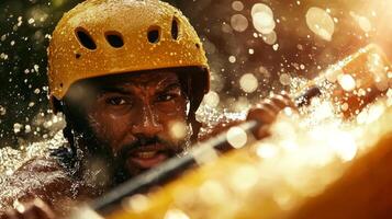 African American kayaker prosthetic leg skillfully navigates turbulent rapids sunlight sparkling off water creating exciting atmosphere of adventure photo