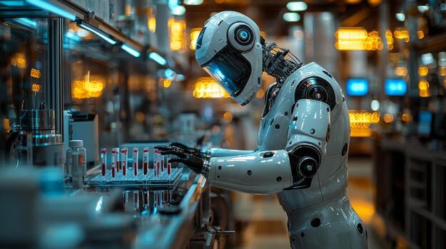 Robotic arms delicately handle blood samples in high tech laboratory efficiently moving test tubes analytical devices demonstrating AI's role in modern healthcare photo