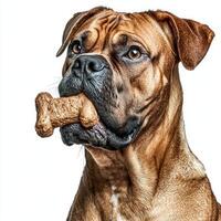 Boerboel sits proudly bone in its mouth showcasing its strong build and attentive expression against clean white background reinforcing dog's robust character photo