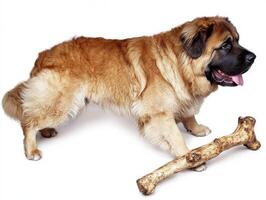 playful Pyrenean Mastiff is seen chewing joyfully on large bone against clean white background. Its fur is fluffy and well groomed showcasing its friendly demeanor photo
