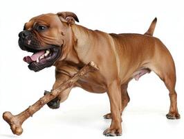 Bullmastiff enjoys chewing on large bone while standing on clean white background. strong dog exhibits happiness its playful demeanor and alert posture photo