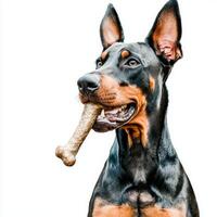 majestic Doberman Pinscher proudly chews on bone showcasing its muscular build and attentive expression against clean white background photo