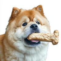 fluffy Chow Chow enjoys chewing on large bone its mouth open displaying its playful personality. clean white background highlights dog's vibrant coat and features photo