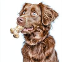 Nova Scotia Duck Tolling Retriever is happily chewing on bone. side view highlights dog's vibrant fur and playful demeanor. clean white background adds focus photo