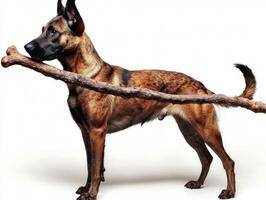 Belgian Malinois is captured in side view while enthusiastically chewing on large bone. setting is bright and clean white background enhancing dog's focused expression photo