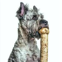 Bouvier des Flandres is seen in side view happily chewing on large bone. dog's fur is detailed showcasing playful and engaging moment photo