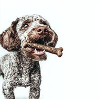 Lagotto Romagnolo is happily chewing on bone showcasing its curly lush coat and expressive eyes. clean white background enhances dog's playful demeanor and appeal photo