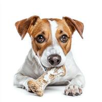 Jack Russell Terrier is enjoying bone focused enthusiasm showcasing its expressive eyes and playful demeanor against bright white background photo