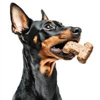 well groomed Doberman Pinscher is seen in profile happily chewing on bone against bright white background. dog's playful energy and shiny coat are highlighted in moment photo