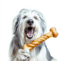 Bearded Collie fluffy coat enthusiastically chews on bone showcasing its playful spirit in clean white environment. dog's expression is lively and engaged photo