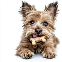 playful Lwchen has delicious bone in its mouth fully engaged and having fun. backdrop is clean and white emphasizing dog's activity and expression photo