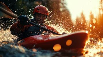 African American kayaker expertly maneuvers through whitewater rapids showcasing skill and determination amidst splashing water and warm sunlight during adventurous outing photo
