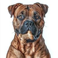 Boerboel is happily chewing on bone displaying its strong jaw and beautiful coat. dog is positioned in clear side view highlighting its features and bone photo