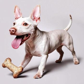 lively Miniature Bull Terrier joyfully chews on bone while sitting against clean white background. dog's playful expression and gleaming coat capture moment of pure canine delight photo
