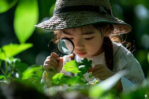 Asian child examines green leaf magnifying glass displaying curiosity while sitting in park bright midday sunlight surrounded lush greenery photo