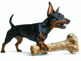 Manchester Terrier is seen from side happily chewing on large bone photo