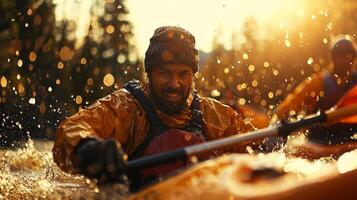 African American kayaker prosthetic leg skillfully maneuvers through challenging whitewater rapids water splashing around him as sunlight glistens off surface photo