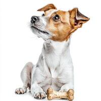 Jack Russell Terrier shiny coat sits on clean white background attentively chewing on bone interest and excitement. dog's expression reflects joy and focus on treat photo